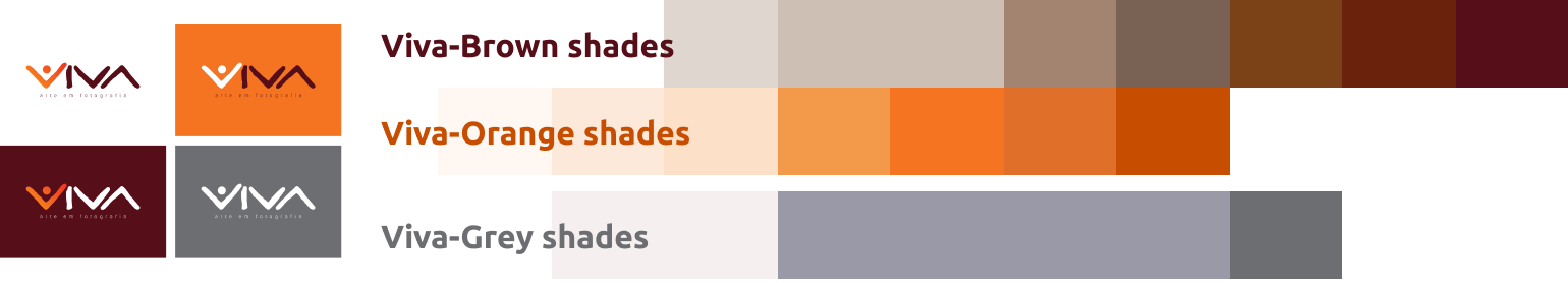 Colour swatched and shades study showing ranges of bronw, orange and grey, along with VIVA’s brand variants in brown, orange and grey.